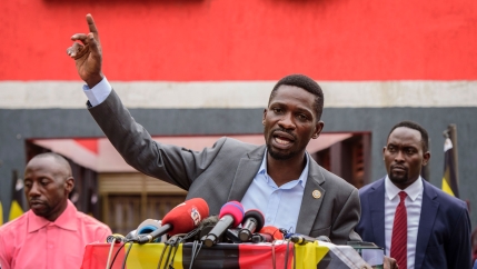 Ugandan opposition figure Bobi Wine, whose real name is Kyagulanyi Ssentamu, speaks at a press conference in Kampala, Uganda Monday, Feb. 22, 2021. 